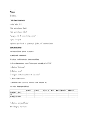 Anexo.
Encuesta.
Perfil Socio-Económico
1-¿Con quién vivís?
2-¿En qué trabaja tu Madre?
3-¿En qué trabaja tu Padre?
4-¿Alguien más de tu casa trabaja afuera?
5-¿Vos Trabajas?
6-¿Cuántas personas de las que trabajan aportan para la alimentación?
Perfil Alimentario
7-¿Cuáles comidas realizas en tu casa?
8-¿Desayunas diariamente?
9-Describe sintéticamente tu desayuno habitual
10-Si no almorzas en tu casa, ¿Contas con el beneficio de PAICOR?
11-¿Realizas Merienda?
12-¿Realizas cena?
13-Compras productos del kiosco de la escuela?
14-¿Con que frecuencia?
15-¿Compras en el Kiosco los alimentos como remplazo de:
16-Cuánto tiempo pasas frente:
1 Hora 2 Horas Menos de 5 Horas Más de 5 Horas 10 Horas
-COMPUTADORA
-TV
-PLAY-STATION
17-¿Realizas actividad Física?
-En qué lugar y frecuencias
 