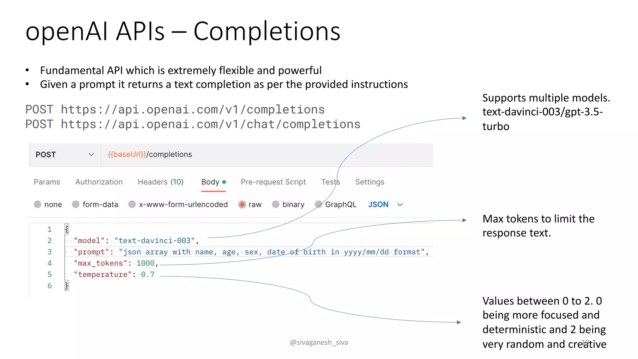 openAI APIs – Completions
• Fundamental API which is extremely flexible and powerful
• Given a prompt it returns a text completion as per the provided instructions
POST https://api.openai.com/v1/completions
POST https://api.openai.com/v1/chat/completions
Supports multiple models.
text-davinci-003/gpt-3.5-
turbo
Max tokens to limit the
response text.
Values between 0 to 2. 0
being more focused and
deterministic and 2 being
very random and creative
@sivaganesh_siva 19
 