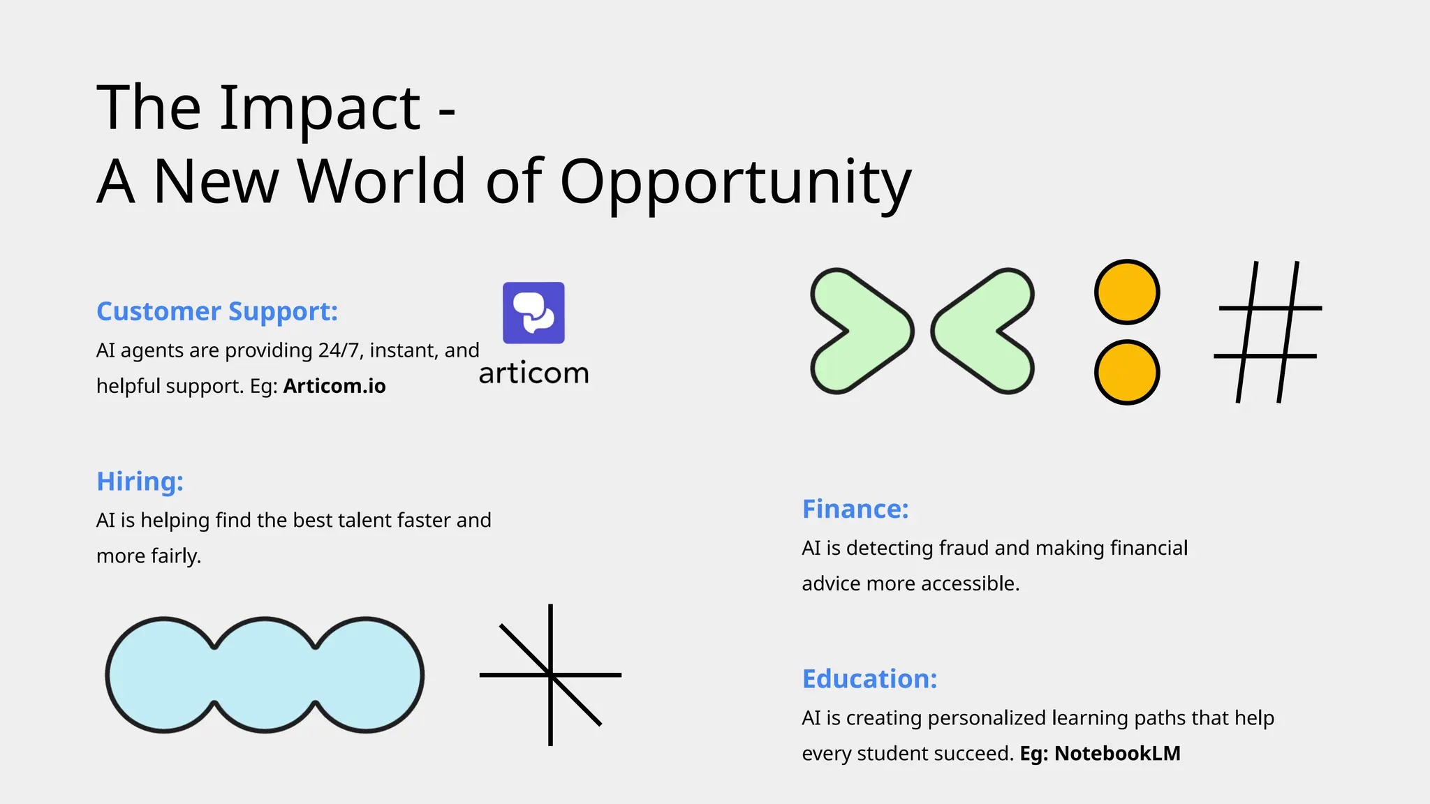 Customer Support:
AI agents are providing 24/7, instant, and
helpful support. Eg: Articom.io
The Impact -
A New World of Opportunity
Hiring:
AI is helping find the best talent faster and
more fairly.
Finance:
AI is detecting fraud and making financial
advice more accessible.
Education:
AI is creating personalized learning paths that help
every student succeed. Eg: NotebookLM
 