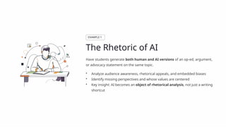 EXAMPLE 1
The Rhetoric of AI
Have students generate both human and AI versions of an op-ed, argument,
or advocacy statement on the same topic.
• Analyze audience awareness, rhetorical appeals, and embedded biases
• Identify missing perspectives and whose values are centered
• Key insight: AI becomes an object of rhetorical analysis, not just a writing
shortcut
 