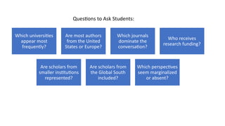 Which universities
appear most
frequently?
Are most authors
from the United
States or Europe?
Which journals
dominate the
conversation?
Who receives
research funding?
Are scholars from
smaller institutions
represented?
Are scholars from
the Global South
included?
Which perspectives
seem marginalized
or absent?
Questions to Ask Students:
 