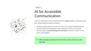 EXAMPLE 3
AI for Accessible
Communication
Use AI to make your course materials work for every student, not just the ones
who already speak academic language.
• Simplify complex policies and rewrite instructions in student-friendly language
• Generate FAQs and multiple alternative explanations of the same concept
• Directly supports Universal Design for Learning and broader student success
goals: UDL Guidelines
When students understand the instructions, they can focus on the
learning!
 
