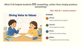 What if AI helped students DO something, rather than simply produce
something?
Not: “Ask AI receive answer.”
→
Instead:
1 Choose
Students decide how to respond.
2 Interact
The AI responds in context.
3 Revise
Students try another strategy.
4 Reflect
They explain what worked and why.
 