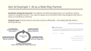Gen AI Example 1: AI as a Role-Play Partner
Academic Integrity Scenario: You believe something happening in an academic setting
raises an integrity concern. You need to speak up to someone who may disagree with you or
have an incentive to continue.
Student goal: Practice how to voice the concern effectively - not simply identify what is
ethically wrong.
 
