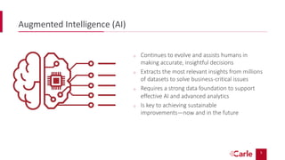5
Augmented Intelligence (AI)
o Continues to evolve and assists humans in
making accurate, insightful decisions
o Extracts...