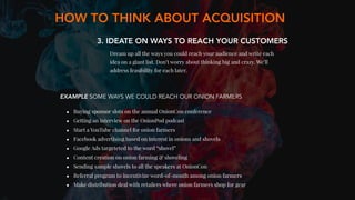 3. IDEATE ON WAYS TO REACH YOUR CUSTOMERS
Dream up all the ways you could reach your audience and write each
idea on a gia...