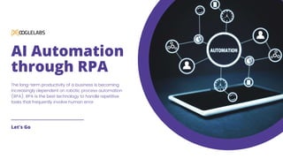 AI Automation
through RPA
The long-term productivity of a business is becoming
increasingly dependent on robotic process automation
(RPA). RPA is the best technology to handle repetitive
tasks that frequently involve human error.
Let's Go
 