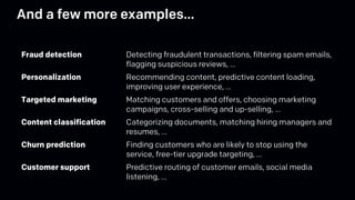 And a few more examples…
Fraud detection Detecting fraudulent transactions, filtering spam emails,
flagging suspicious reviews, …
Personalization Recommending content, predictive content loading,
improving user experience, …
Targeted marketing Matching customers and offers, choosing marketing
campaigns, cross-selling and up-selling, …
Content classification Categorizing documents, matching hiring managers and
resumes, …
Churn prediction Finding customers who are likely to stop using the
service, free-tier upgrade targeting, …
Customer support Predictive routing of customer emails, social media
listening, …
 