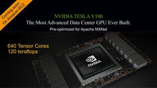 NVIDIA TESLA V100
The Most Advanced Data Center GPU Ever Built.
640 Tensor Cores
120 teraflops
Pre-optimized for Apache MXNet
 