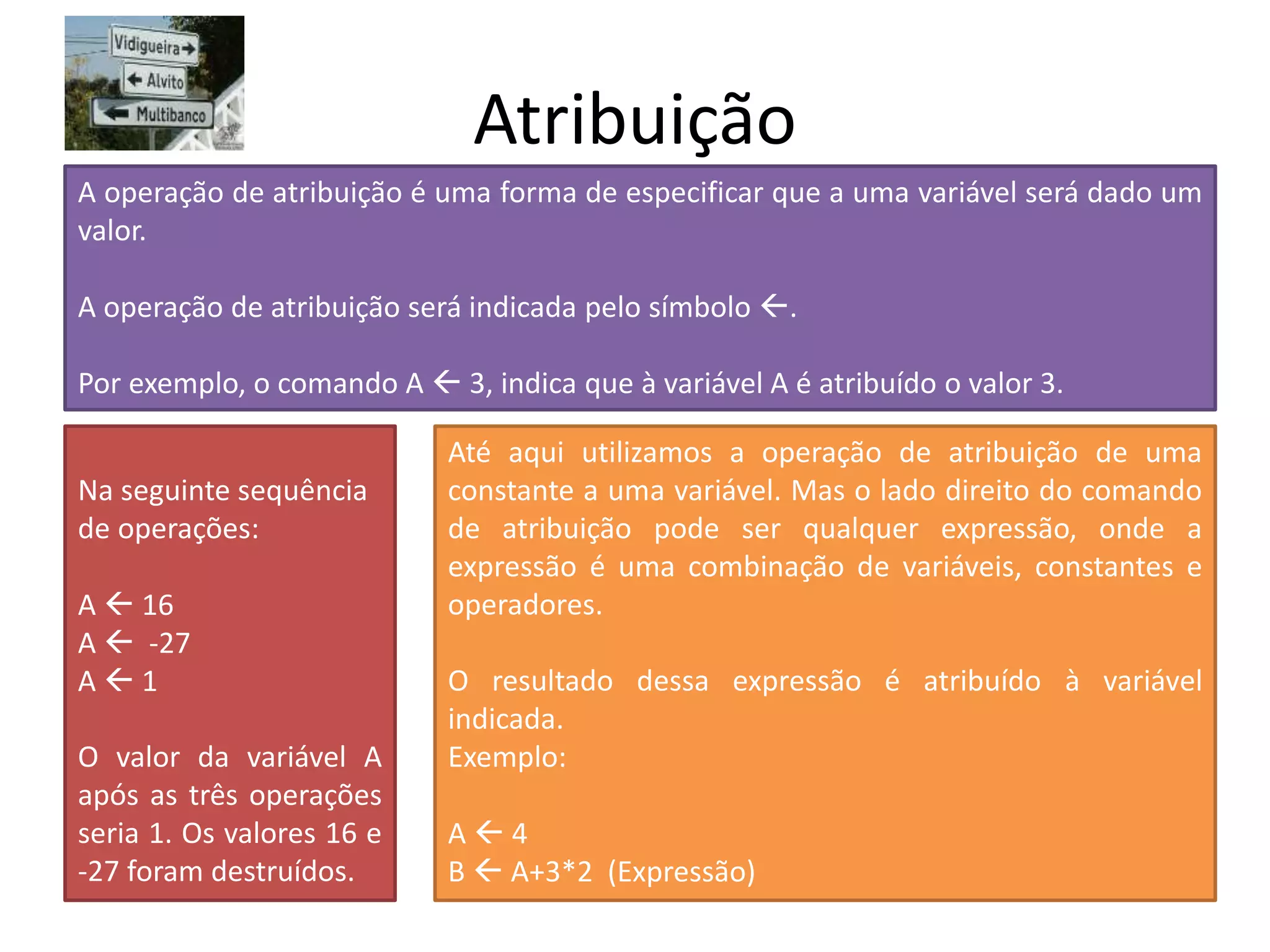 Atribuição
A operação de atribuição é uma forma de especificar que a uma variável será dado um
valor.
A operação de atribuição será indicada pelo símbolo .
Por exemplo, o comando A  3, indica que à variável A é atribuído o valor 3.
Na seguinte sequência
de operações:
A  16
A  -27
A  1
O valor da variável A
após as três operações
seria 1. Os valores 16 e
-27 foram destruídos.
Até aqui utilizamos a operação de atribuição de uma
constante a uma variável. Mas o lado direito do comando
de atribuição pode ser qualquer expressão, onde a
expressão é uma combinação de variáveis, constantes e
operadores.
O resultado dessa expressão é atribuído à variável
indicada.
Exemplo:
A  4
B  A+3*2 (Expressão)
 