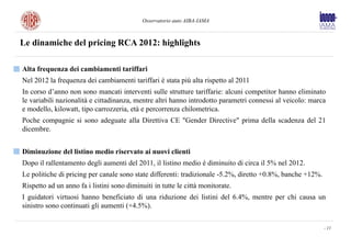 Osservatorio auto AIBA-IAMA



Le dinamiche del pricing RCA 2012: highlights

Alta frequenza dei cambiamenti tariffari
Nel 2012 la frequenza dei cambiamenti tariffari è stata più alta rispetto al 2011
In corso d’anno non sono mancati interventi sulle strutture tariffarie: alcuni competitor hanno eliminato
le variabili nazionalità e cittadinanza, mentre altri hanno introdotto parametri connessi al veicolo: marca
e modello, kilowatt, tipo carrozzeria, età e percorrenza chilometrica.
Poche compagnie si sono adeguate alla Direttiva CE "Gender Directive" prima della scadenza del 21
dicembre.


Diminuzione del listino medio riservato ai nuovi clienti
Dopo il rallentamento degli aumenti del 2011, il listino medio è diminuito di circa il 5% nel 2012.
Le politiche di pricing per canale sono state differenti: tradizionale -5.2%, diretto +0.8%, banche +12%.
Rispetto ad un anno fa i listini sono diminuiti in tutte le città monitorate.
I guidatori virtuosi hanno beneficiato di una riduzione dei listini del 6.4%, mentre per chi causa un
sinistro sono continuati gli aumenti (+4.5%).

                                                                                                            - 11
 