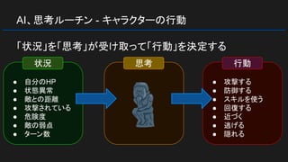 AI、思考ルーチン - キャラクターの行動
「状況」を「思考」が受け取って「行動」を決定する
● 自分のHP
● 状態異常
● 敵との距離
● 攻撃されている
● 危険度
● 敵の弱点
● ターン数
状況 思考
● 攻撃する
● 防御する
● スキルを使う
● 回復する
● 近づく
● 逃げる
● 隠れる
行動
 