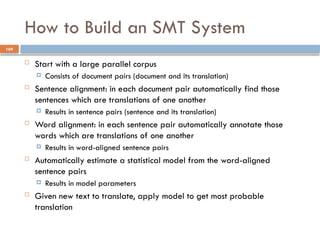 169
How to Build an SMT System
 Start with a large parallel corpus
 Consists of document pairs (document and its translation)
 Sentence alignment: in each document pair automatically find those
sentences which are translations of one another
 Results in sentence pairs (sentence and its translation)
 Word alignment: in each sentence pair automatically annotate those
words which are translations of one another
 Results in word-aligned sentence pairs
 Automatically estimate a statistical model from the word-aligned
sentence pairs
 Results in model parameters
 Given new text to translate, apply model to get most probable
translation
 