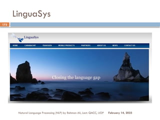 LinguaSys
Natural Language Processing (NLP) by Rahman Ali, Lect: QACC, UOP
175
February 14, 2025
 
