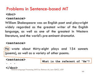 193
William Shakespeare was an English poet and playwright
widely regarded as the greatest writer of the English
language, as well as one of the greatest in Western
literature, and the world's pre-eminent dramatist.
He wrote about thirty-eight plays and 154 sonnets
(poems), as well as a variety of other poems.
<doc>
</doc>
. . .
<sentence>
<sentence>
<sentence>
Problems in Sentence-based MT
What is the referent of “He”?
Natural Language Processing (NLP) by Rahman Ali, Lect: QACC, UOP
 