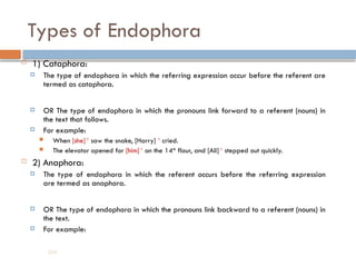 Types of Endophora
 1) Cataphora:
 The type of endophora in which the referring expression occur before the referent are
termed as cataphora.
 OR The type of endophora in which the pronouns link forward to a referent (nouns) in
the text that follows.
 For example:
 When [she] 1
saw the snake, [Harry] 1
cried.
 The elevator opened for [him] 1
on the 14th
flour, and [Ali] 1
stepped out quickly.
 2) Anaphora:
 The type of endophora in which the referent occurs before the referring expression
are termed as anaphora.
 OR The type of endophora in which the pronouns link backward to a referent (nouns) in
the text.
 For example:
204
 