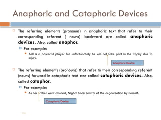 Anaphoric and Cataphoric Devices
 The referring elements (pronouns) in anaphoric text that refer to their
corresponding referent ( nouns) backward are called anaphoric
devices. Also, called anaphor.
 For example:
 Bell is a powerful player but unfortunately he will not take part in the trophy due to
injury.
 The referring elements (pronouns) that refer to their corresponding referent
(nouns) forward in cataphoric text are called cataphoric devices. Also,
called cataphor.
 For example:
 As her father went abroad, Nighat took control of the organization by herself.
206
Anaphoric Device
Cataphoric Device
 