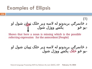 Examples of Ellipsis
Natural Language Processing (NLP) by Rahman Ali, Lect: QACC, UOP
214
February 14, 2025
(1)
‫او‬ ‫شول‬ ‫ټپيان‬ ‫خلک‬ ‫ډير‬ ‫السه‬ ‫له‬ ‫بريدونو‬ ‫ځانمرګې‬ ‫د‬
‫شول‬ ‫ووژل‬ ‫پکښ‬ ‫څو‬ ‫يو‬
‫ے‬ -
‫او‬ ‫شول‬ ‫ټپيان‬ ‫خلک‬ ‫ډير‬ ‫السه‬ ‫له‬ ‫بريدونو‬ ‫ځانمرګې‬ ‫د‬
‫څو‬ ‫يو‬
‫خلک‬
‫شول‬ ‫ووژل‬ ‫پکښ‬
‫ے‬ -
Shows that here a noun is missing which is the possible
referring expression for the antecedent [People]
 