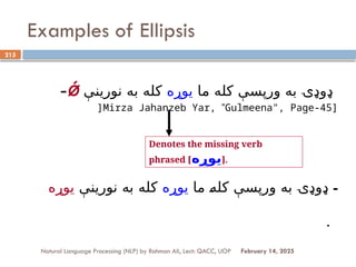 Examples of Ellipsis
-Ǿ ‫ما‬ ‫کله‬ ‫ورپسې‬ ‫به‬ ‫ډوډ‬
‫ۍ‬
‫يوړه‬
‫نورينې‬ ‫به‬ ‫کله‬
]Mirza Jahanzeb Yar, ”Gulmeena", Page-45]
‫ما‬ *
‫ه‬‫کل‬ ‫ورپسې‬ ‫به‬ ‫ډوډ‬
‫ۍ‬
‫يوړه‬
‫نورينې‬ ‫به‬ ‫کله‬
‫يوړه‬ -
.
Natural Language Processing (NLP) by Rahman Ali, Lect: QACC, UOP
215
February 14, 2025
Denotes the missing verb
phrased [‫يوړه‬].
 