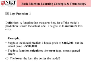Loss Function ❌
5️⃣
Definition: A function that measures how far off the model’s
prediction is from the actual label. The goal is to minimize this
error.
• Example:
• Suppose the model predicts a house price of $480,000, but the
actual price is $500,000.
• The loss function calculates the error (e.g., mean squared
error).
👉 The lower the loss, the better the model!
Basic Machine Learning Concepts & Terminology
 