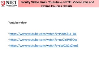 Faculty Video Links, Youtube & NPTEL Video Links and
Online Courses Details
Youtube video-
•https://www.youtube.com/watch?v=PDYfCkLY_DE
•https://www.youtube.com/watch?v=ncOirIPHTOw
•https://www.youtube.com/watch?v=cW03t3aZkmE
 