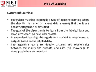 Type Of Learning
Supervised Learning:
• Supervised machine learning is a type of machine learning where
the algorithm is trained on labeled data, meaning that the data is
already categorized or classified.
• The goal of the algorithm is to learn from the labeled data and
make predictions on new, unseen data.
• In supervised learning, the algorithm is trained to map inputs to
outputs based on the labeled data.
• The algorithm learns to identify patterns and relationships
between the inputs and outputs, and uses this knowledge to
make predictions on new data.
 