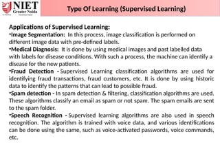 Type Of Learning (Supervised Learning)
Applications of Supervised Learning:
•Image Segmentation: In this process, image classification is performed on
different image data with pre-defined labels.
•Medical Diagnosis: It is done by using medical images and past labelled data
with labels for disease conditions. With such a process, the machine can identify a
disease for the new patients.
•Fraud Detection - Supervised Learning classification algorithms are used for
identifying fraud transactions, fraud customers, etc. It is done by using historic
data to identify the patterns that can lead to possible fraud.
•Spam detection - In spam detection & filtering, classification algorithms are used.
These algorithms classify an email as spam or not spam. The spam emails are sent
to the spam folder.
•Speech Recognition - Supervised learning algorithms are also used in speech
recognition. The algorithm is trained with voice data, and various identifications
can be done using the same, such as voice-activated passwords, voice commands,
etc.
 