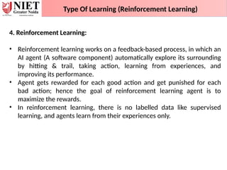 Type Of Learning (Reinforcement Learning)
4. Reinforcement Learning:
• Reinforcement learning works on a feedback-based process, in which an
AI agent (A software component) automatically explore its surrounding
by hitting & trail, taking action, learning from experiences, and
improving its performance.
• Agent gets rewarded for each good action and get punished for each
bad action; hence the goal of reinforcement learning agent is to
maximize the rewards.
• In reinforcement learning, there is no labelled data like supervised
learning, and agents learn from their experiences only.
 