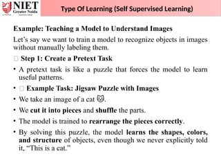Example: Teaching a Model to Understand Images
Let’s say we want to train a model to recognize objects in images
without manually labeling them.
🔹 Step 1: Create a Pretext Task
• A pretext task is like a puzzle that forces the model to learn
useful patterns.
• ✅ Example Task: Jigsaw Puzzle with Images
• We take an image of a cat .
🐱
• We cut it into pieces and shuffle the parts.
• The model is trained to rearrange the pieces correctly.
• By solving this puzzle, the model learns the shapes, colors,
and structure of objects, even though we never explicitly told
it, “This is a cat.”
Type Of Learning (Self Supervised Learning)
 