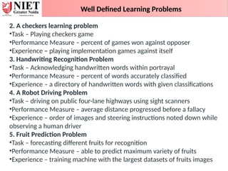 Well Defined Learning Problems
2. A checkers learning problem
•Task – Playing checkers game
•Performance Measure – percent of games won against opposer
•Experience – playing implementation games against itself
3. Handwriting Recognition Problem
•Task – Acknowledging handwritten words within portrayal
•Performance Measure – percent of words accurately classified
•Experience – a directory of handwritten words with given classifications
4. A Robot Driving Problem
•Task – driving on public four-lane highways using sight scanners
•Performance Measure – average distance progressed before a fallacy
•Experience – order of images and steering instructions noted down while
observing a human driver
5. Fruit Prediction Problem
•Task – forecasting different fruits for recognition
•Performance Measure – able to predict maximum variety of fruits
•Experience – training machine with the largest datasets of fruits images
 