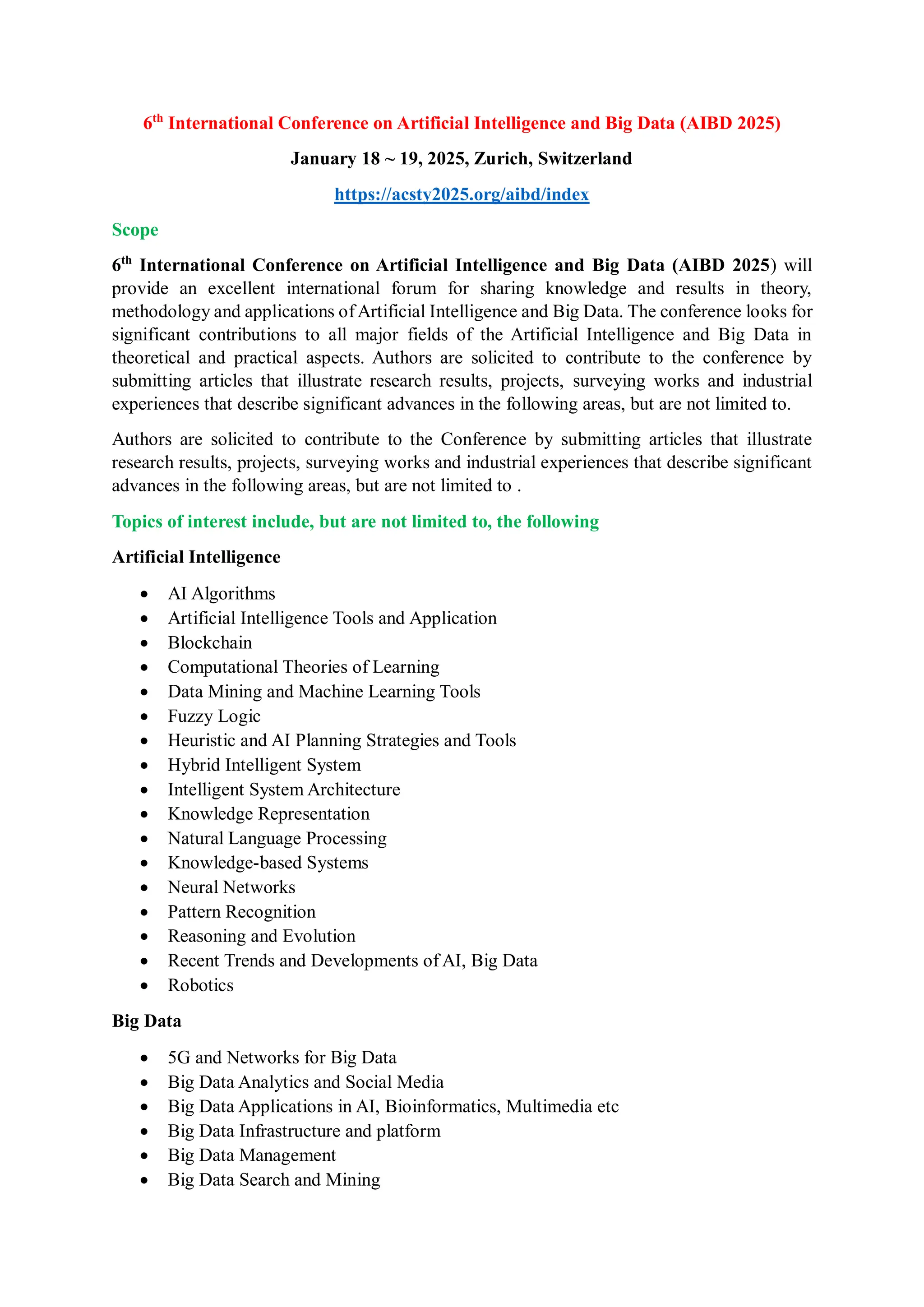 6th International Conference on Artificial Intelligence and Big Data