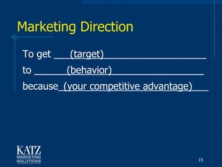 Marketing Direction
To get ___(target)___________________
to ______(behavior)_________________
because_(your competitive advantage)___




                                    15
 
