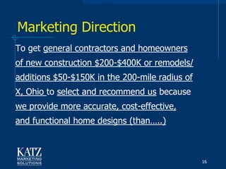 Marketing Direction
To get general contractors and homeowners
of new construction $200-$400K or remodels/
additions $50-$150K in the 200-mile radius of
X, Ohio to select and recommend us because
we provide more accurate, cost-effective,
and functional home designs (than…..)



                                                16
 