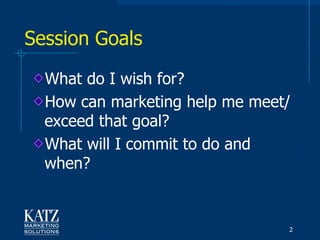Session Goals
  What do I wish for?
  How can marketing help me meet/
  exceed that goal?
  What will I commit to do and
  when?


                                2
 