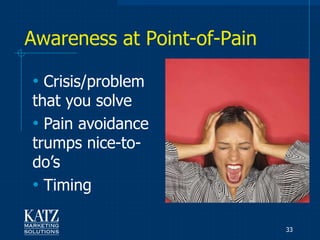 Awareness at Point-of-Pain

• Crisis/problem
that you solve
• Pain avoidance
trumps nice-to-
do‟s
• Timing

                             33
 