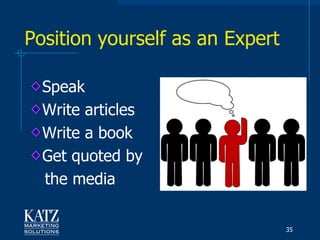 Position yourself as an Expert

  Speak
  Write articles
  Write a book
  Get quoted by
  the media

                                 35
 
