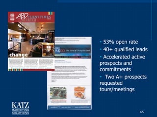 • 53% open rate
• 40+ qualified leads
• Accelerated active
prospects and
commitments
• Two A+ prospects
requested
tours/meetings



                 65
 