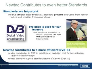 Newtec Contributes to even better Standards
    Standards are important
       The DVB (Digital Video Broadcast) standard protects end-users from vendor
         lock-in and provides freedom of choice.



                           Evolution is good for our
                             industry
                               DVB evolutions like DVB-S to
                                 DVB-S2 provided 20-30%
                                 OPEX reduction for
                                 broadcasters.




    Newtec contributes to a more efficient DVB-S2
       Newtec contributes to DVB to establish an evolution that further optimizes
         satellite capacity usage
       Newtec actively supports standardization of Carrier ID (CID)


3
 