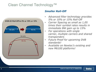 Clean Channel Technology™
                                          Smaller Roll-Off

                                          •   Advanced filter technology provides
                                              5% or 10% or 15% Roll-Off
    DVB-S2 Roll-Off to 5% or 10% or 15%
                                          •   Carrier Spacing as small as 1,05
                                              times their symbol rates results in
                                              immediate BW gain up to 15%
        RO 20%                  RO 5%
                                          •   For operations with single
                                              carrier, multiple carriers and shared
                     RO 20%
                                              transponders
                      RO 5%
                                          •   Future Proof for upcoming DVB
                                              standards!
                                          •   Available on Newtec’s existing and
                                              new M6100 platforms!




4
 