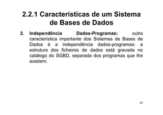 2.2.1 Características de um Sistema
         de Bases de Dados
2.   Independência          Dados-Programas:       outra
     característica importante dos Sistemas de Bases de
     Dados é a independência dados programas: a
                                     dados-programas:
     estrutura dos ficheiros de dados está gravada no
     catálogo do SGBD, separada dos programas que lhe
           g            , p             p g      q
     acedem;




                                                      24
 
