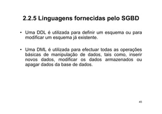 2.2.5
 2 2 5 Linguagens fornecidas pelo SGBD

• U
  Uma DDL é utilizada para d fi i um esquema ou para
                tili d      definir
  modificar um esquema já existente.

• Uma DML é utilizada para efectuar todas as operações
  básicas de manipulação de dados, tais como, inserir
                  p
  novos dados, modificar os dados armazenados ou
  apagar dados da base de dados.




                                                    45
 