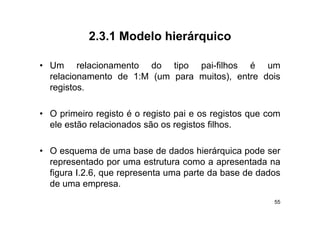 2.3.1
           2 3 1 Modelo hierárquico

• Um relacionamento do tipo pai-filhos é um
  relacionamento de 1:M (um para muitos), entre dois
  registos.
  registos

• O primeiro registo é o registo pai e os registos que com
  ele estão relacionados são os registos filhos.

• O esquema de uma base de dados hierárquica pode ser
  representado por uma estrutura como a apresentada na
  figura I.2.6, que representa uma parte da base de dados
  de uma empresa.
                                                        55
 