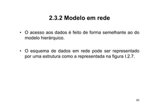 2.3.2
             2 3 2 Modelo em rede

• O acesso aos dados é feito de forma semelhante ao do
  modelo hierárquico.

• O esquema de dados em rede pode ser representado
  por uma estrutura como a representada na figura I 2 7
                                                  I.2.7.




                                                      62
 