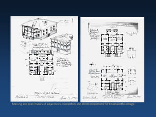 .Massing and plan studies of adjacencies, hierarchies and room proportions for Chadsworth Cottage.
 