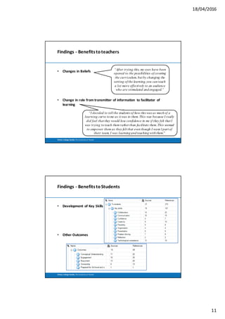 18/04/2016
11
Trinity	 College	Dublin,	The	University	of	Dublin
Findings	- Benefits	to	teachers
• Changes	in	Beliefs
• Change	in	role	from	transmitter	of	information	 to	facilitator	 of	
learning
“After trying this, my eyes have been
opened to the possibilities of covering
the curriculum, but by changing the
setting of the learning, you can teach
a lot more effectively to an audience
who are stimulated and engaged.”
“I decided to tell the students of how this was as much of a
learning curve to me as it was to them. This was because I really
did feel that they would lose confidence in me if they felt that I
was trying to teach them rather than facilitate them. This seemed
to empower them as they felt that even though I wasn’t part of
their team, I was learning and teaching with them.”
Trinity	 College	Dublin,	The	University	of	Dublin
Findings	- Benefits	to	Students
• Development	 of	Key	Skills
• Other	Outcomes
 