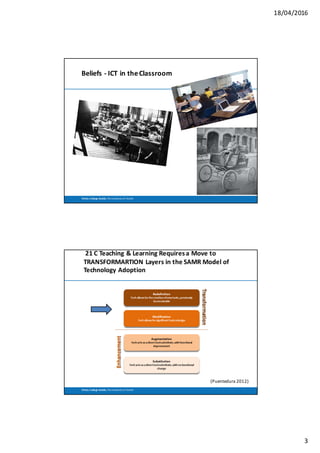 18/04/2016
3
Trinity	 College	Dublin,	The	University	of	Dublin
Beliefs	- ICT	in	the	Classroom
Trinity	 College	Dublin,	The	University	of	Dublin
21	C	Teaching	&	Learning	Requires	a	Move	to	
TRANSFORMARTION	Layers	in	the	SAMR	Model	of	
Technology	Adoption
(Puentedura 2012)
 