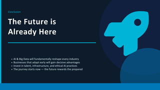 Conclusion
The Future is
Already Here
AI & Big Data will fundamentally reshape every industry
Businesses that adapt early will gain decisive advantages
Invest in talent, infrastructure, and ethical AI practices
The journey starts now — the future rewards the prepared
 