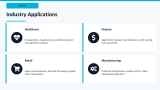 SLIDE 07
Industry Applications
Healthcare
AI diagnostics, drug discovery, predictive patient
care, genomics analysis.
Finance
Algorithmic trading, fraud detection, credit scoring,
risk assessment.
Retail
Hyper-personalisation, demand forecasting, supply
chain optimisation.
Manufacturing
Predictive maintenance, quality control, robot-
assisted assembly lines.
 