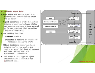 4. Utility- Based Agent
• When there are multiple possible
alternatives, how to decide which
one is best?
• A goal specifies a crude distinction
between a happy and unhappy state,
but sometimes we need a more general
performance measure that describes
"degree of happiness"
• The utility function
U:States → Reals
indicates a measure of success or
happiness at a given state
• Allows decisions comparing choice
between conflicting goals, and
choice between likelihood of success
and importance of goal (if
achievement is uncertain)
• For example, this type of agent
implementation is suitable for
automated taxi. Prepared by : Shiv Raj Pant
12
 
