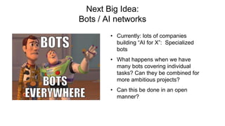 Next Big Idea:
Bots / AI networks
• Currently: lots of companies
building “AI for X”: Specialized
bots
• What happens when we have
many bots covering individual
tasks? Can they be combined for
more ambitious projects?
• Can this be done in an open
manner?
 